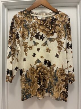 Cathy Daniels Cream Knit Top with Brown Floral Print